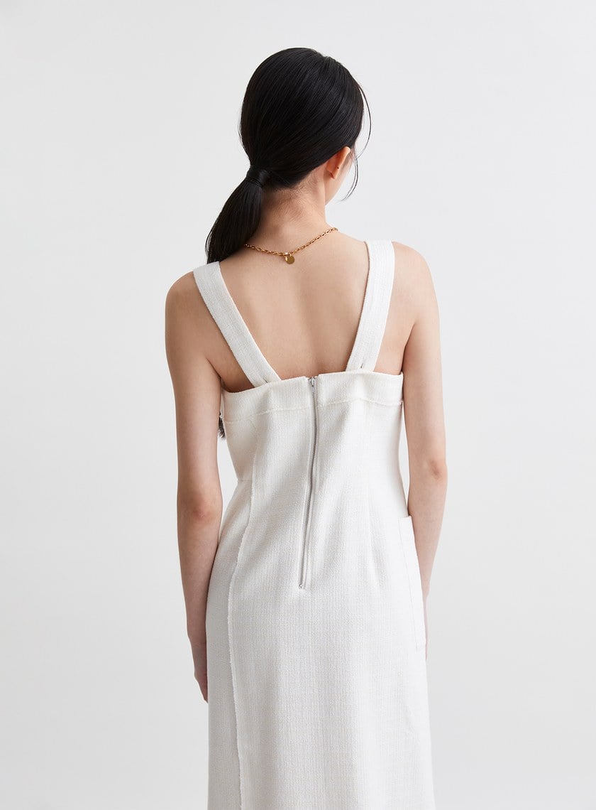 法式優雅寬肩帶開衩洋裝