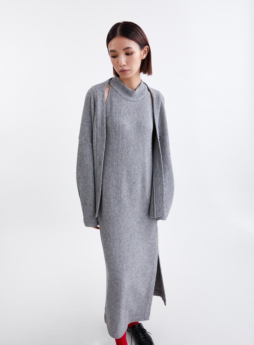 慵懶坑條削肩針織BRA長洋裝