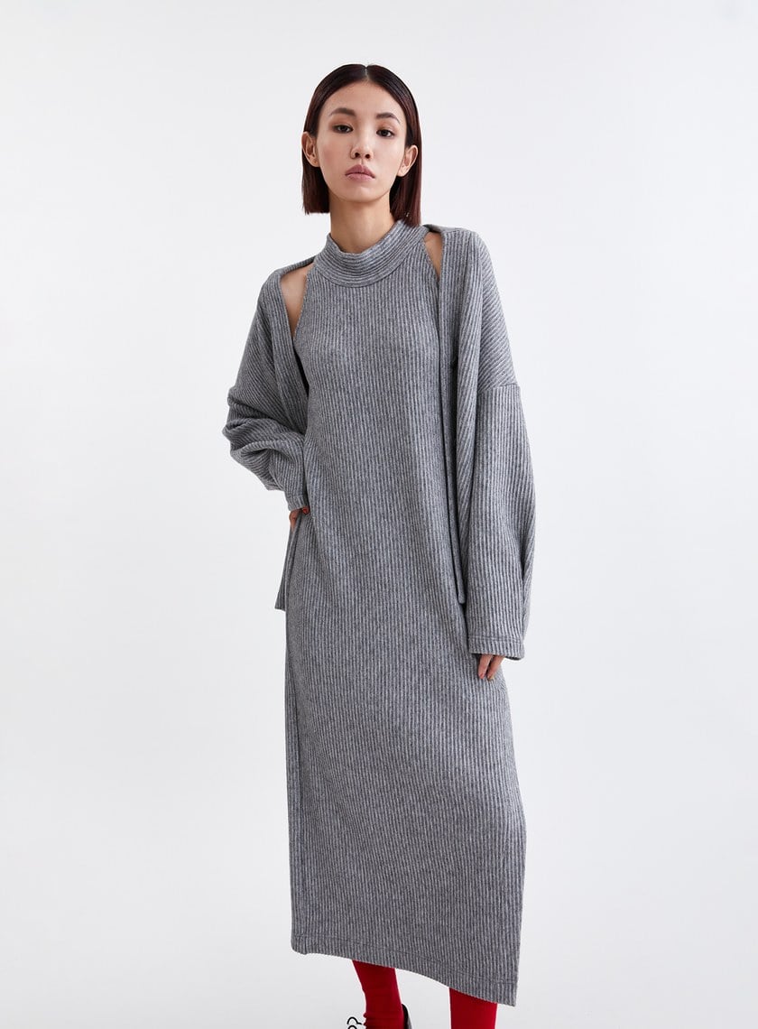 慵懶坑條削肩針織BRA長洋裝