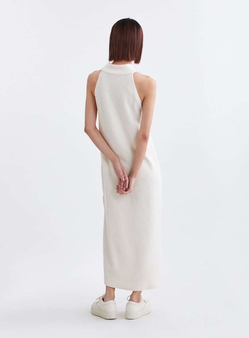 慵懶坑條削肩針織BRA長洋裝