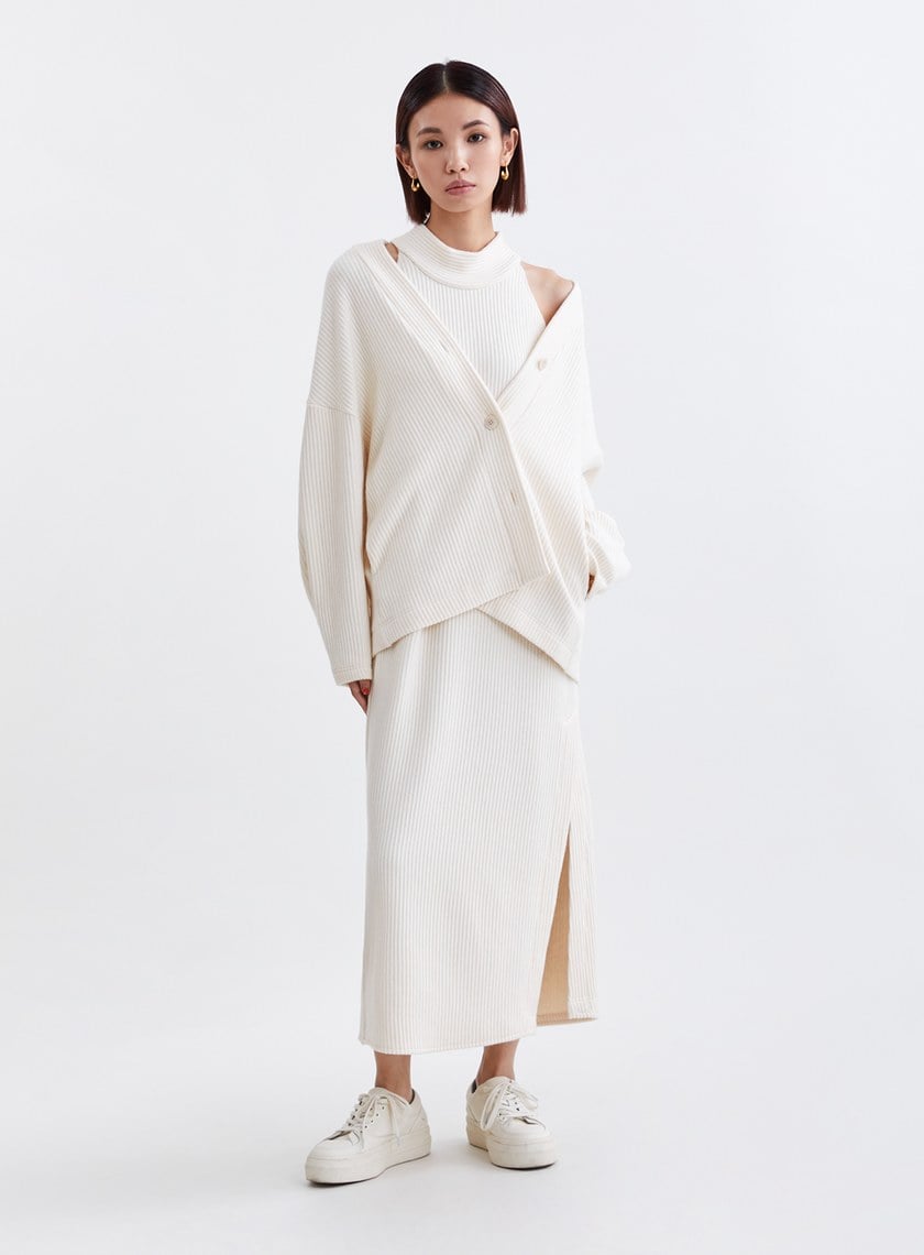 慵懶坑條削肩針織BRA長洋裝