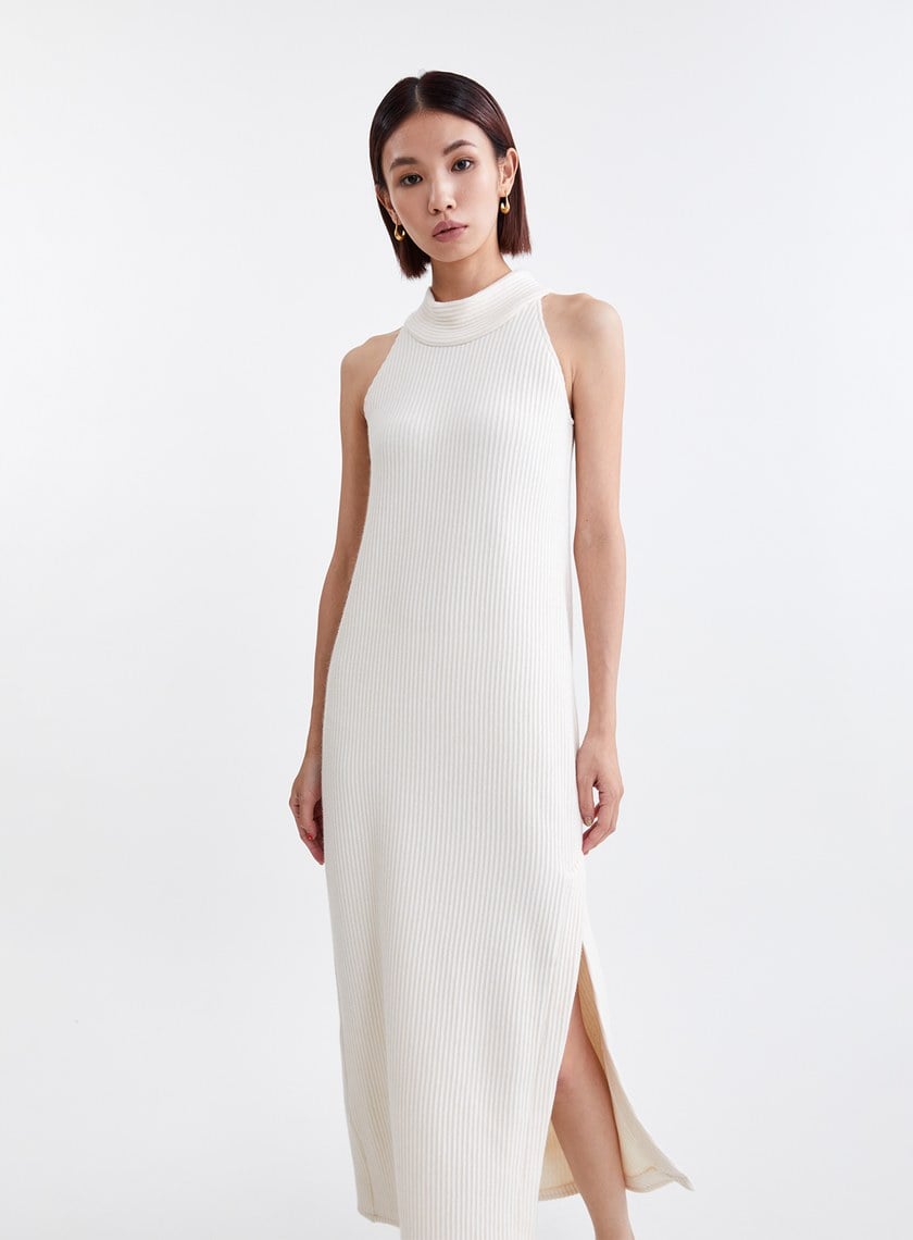 慵懶坑條削肩針織BRA長洋裝