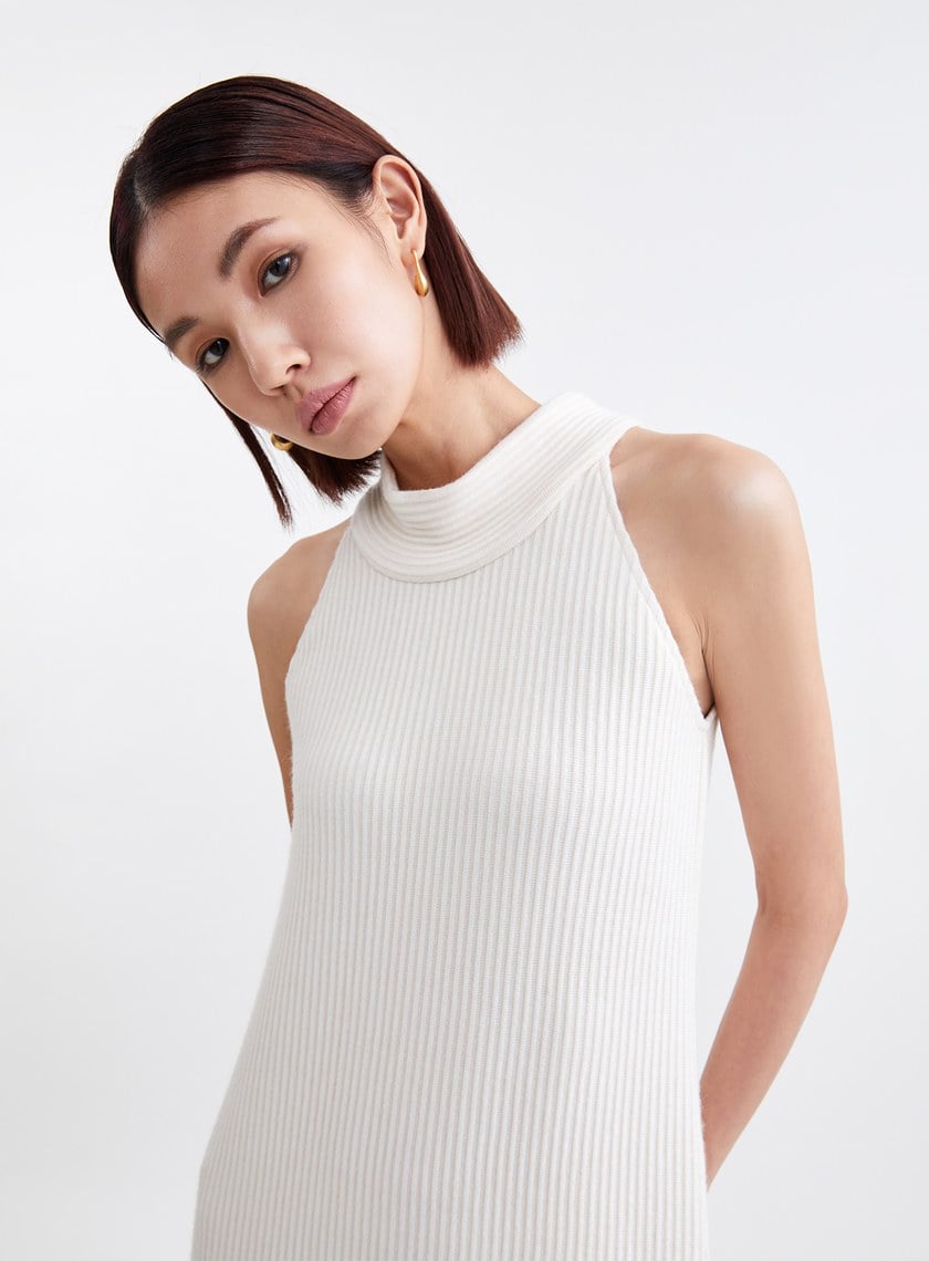 慵懶坑條削肩針織BRA長洋裝