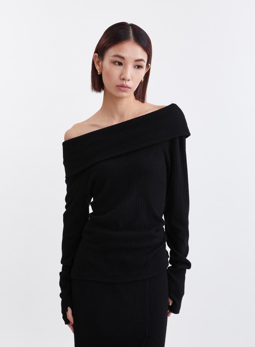 溫柔慵懶一字翻領針織上衣