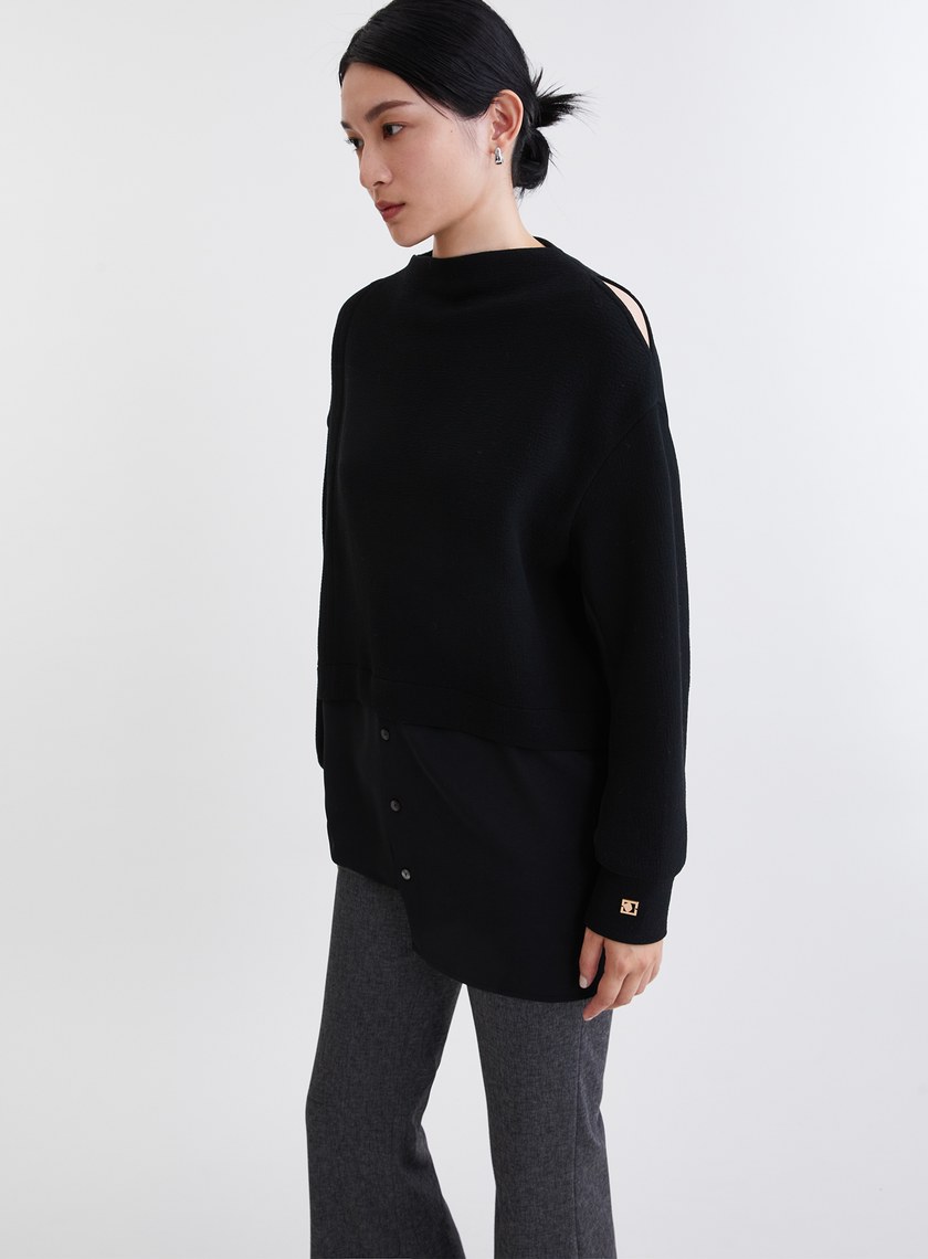 造型感異材質拼接挖肩長版上衣