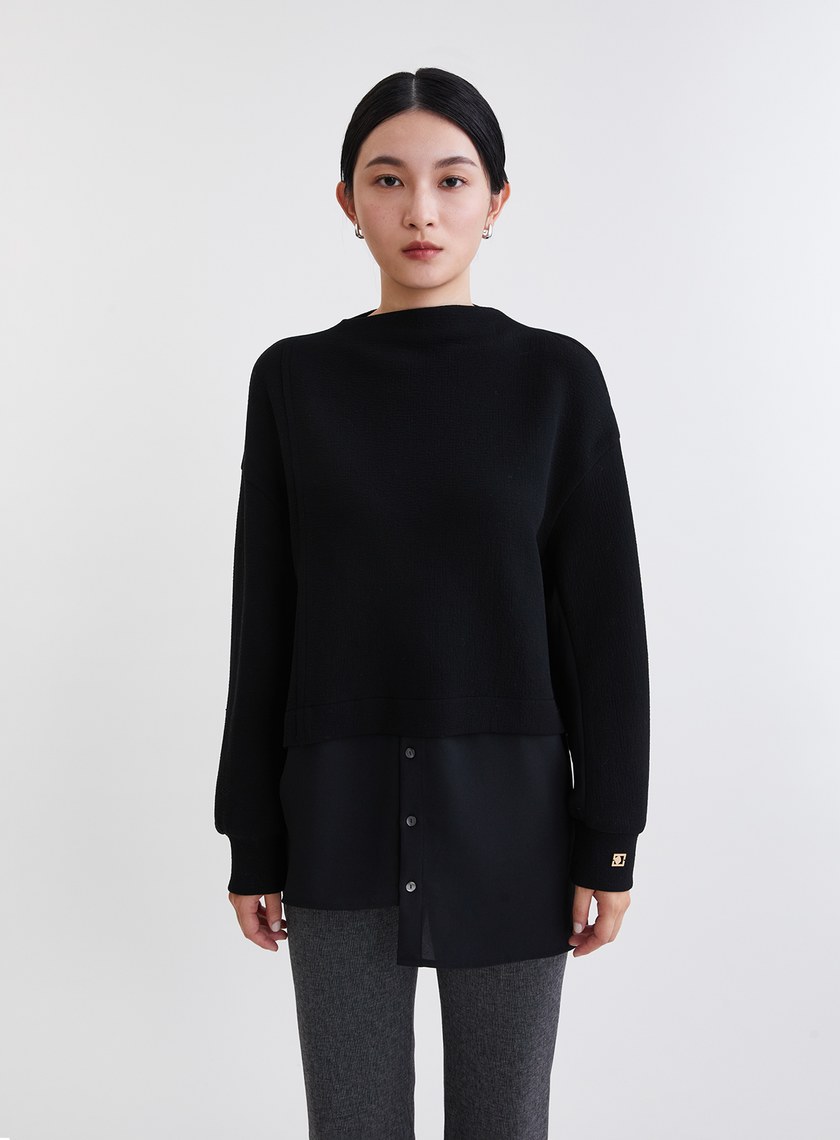 造型感異材質拼接挖肩長版上衣