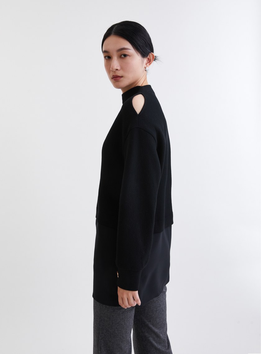 造型感異材質拼接挖肩長版上衣