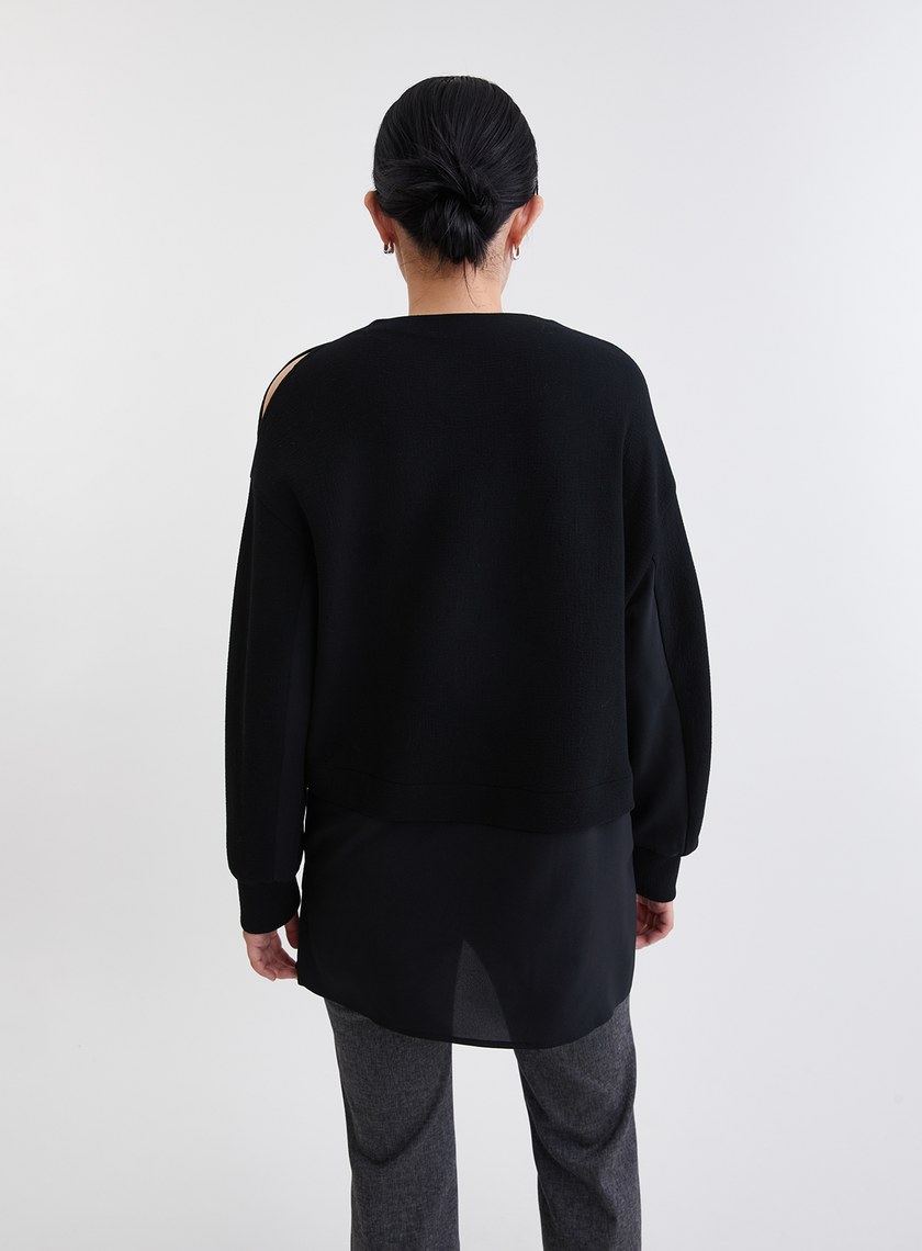 造型感異材質拼接挖肩長版上衣