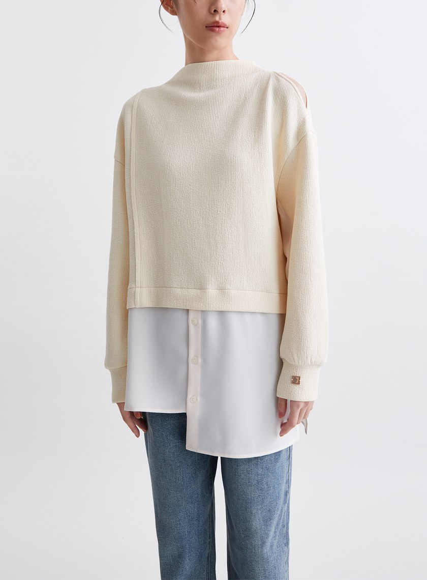 造型感異材質拼接挖肩長版上衣