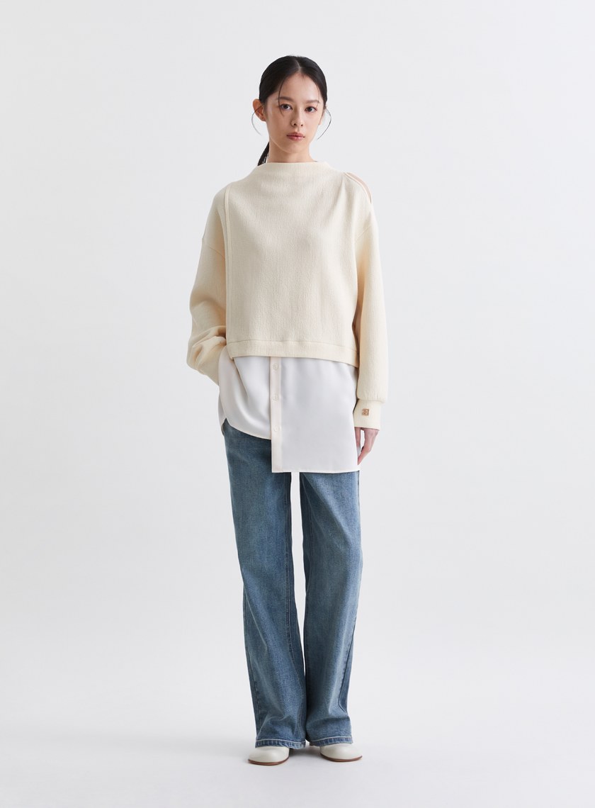 造型感異材質拼接挖肩長版上衣