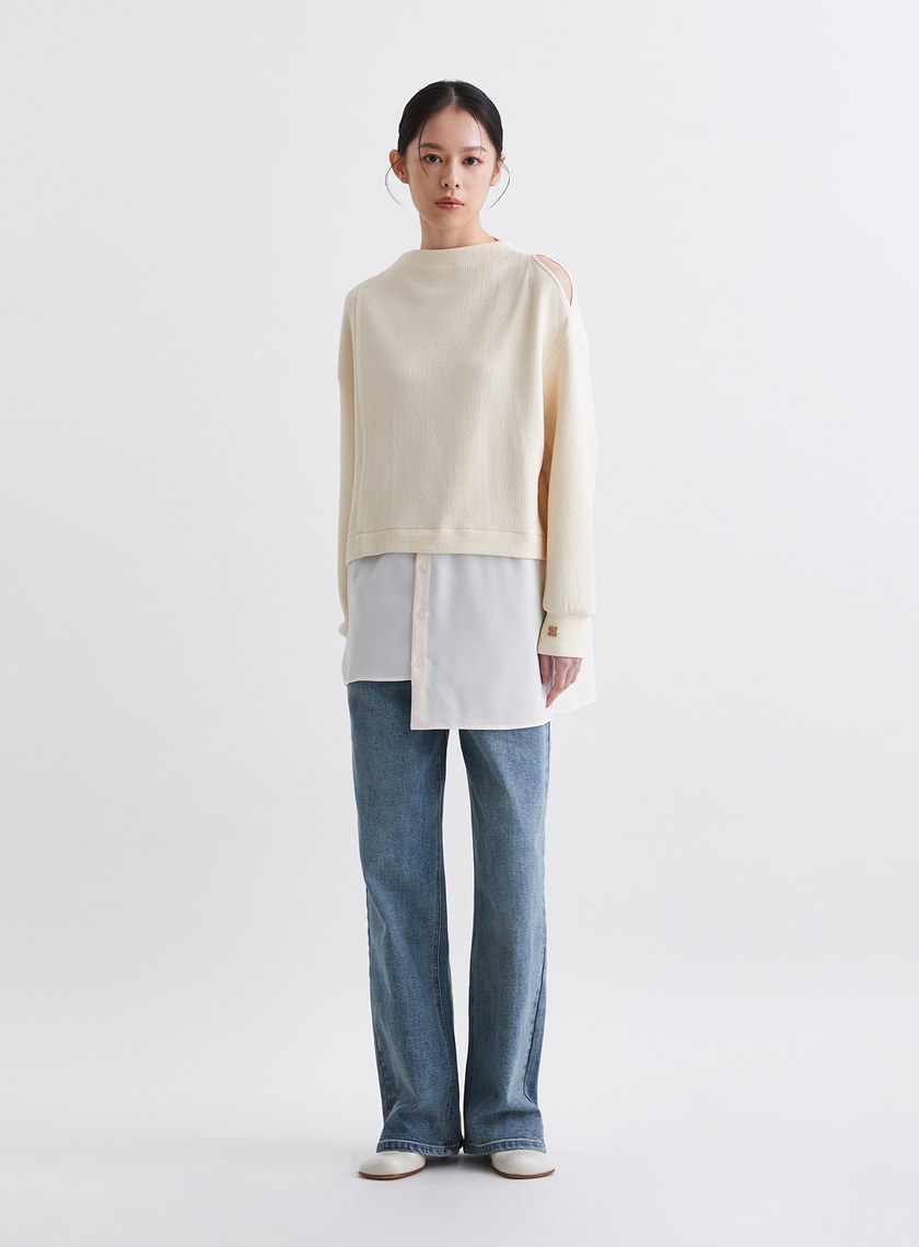 造型感異材質拼接挖肩長版上衣