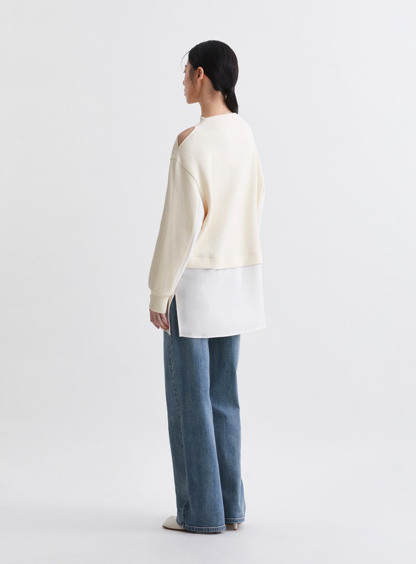 造型感異材質拼接挖肩長版上衣