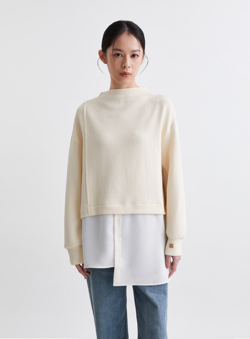 造型感異材質拼接挖肩長版上衣