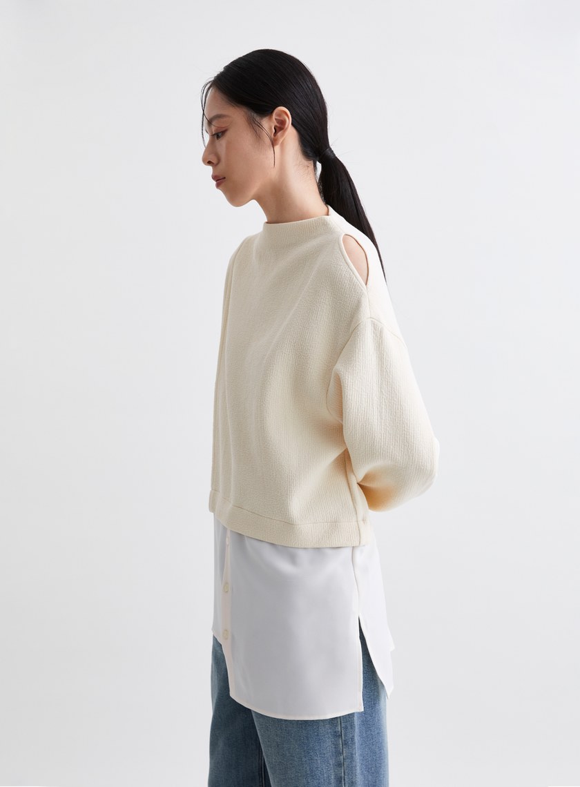 造型感異材質拼接挖肩長版上衣