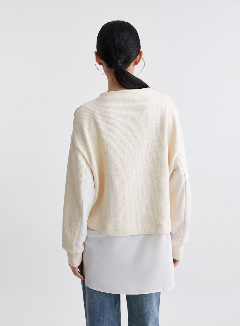 造型感異材質拼接挖肩長版上衣