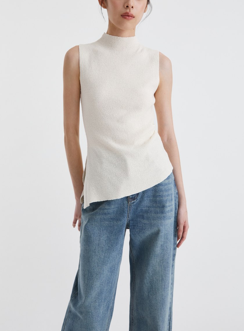 細圈紗小立領斜下擺上衣