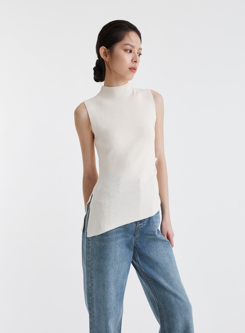 細圈紗小立領斜下擺上衣