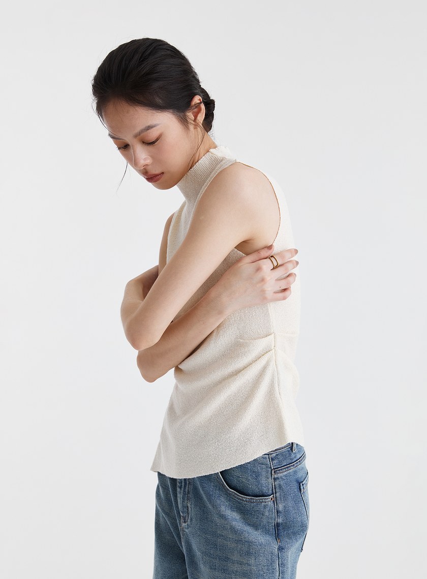 細圈紗小立領斜下擺上衣