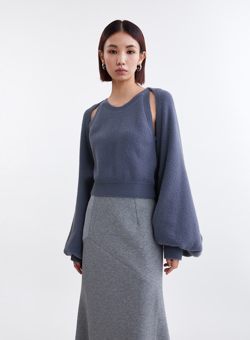 蓬鬆雲朵毛絨削肩針織背心