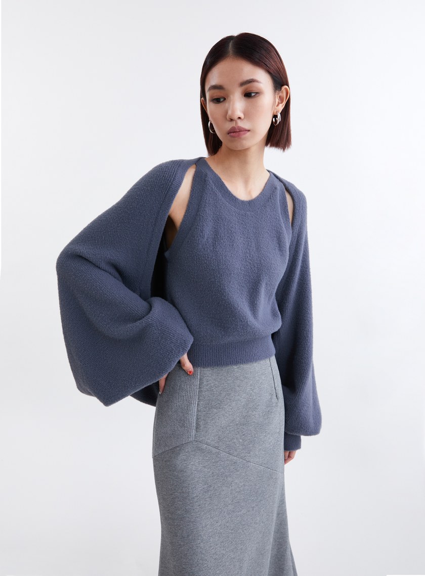 蓬鬆雲朵毛絨削肩針織背心