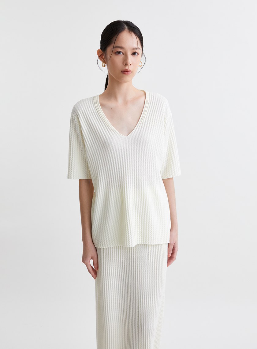 溫柔簡約V領緹花針織上衣