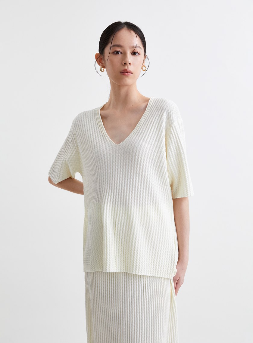 溫柔簡約V領緹花針織上衣