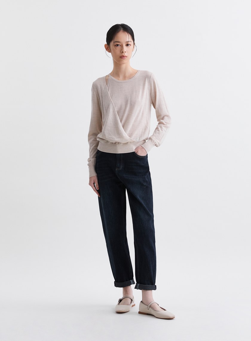 厚挺反摺錐形深藍牛仔褲