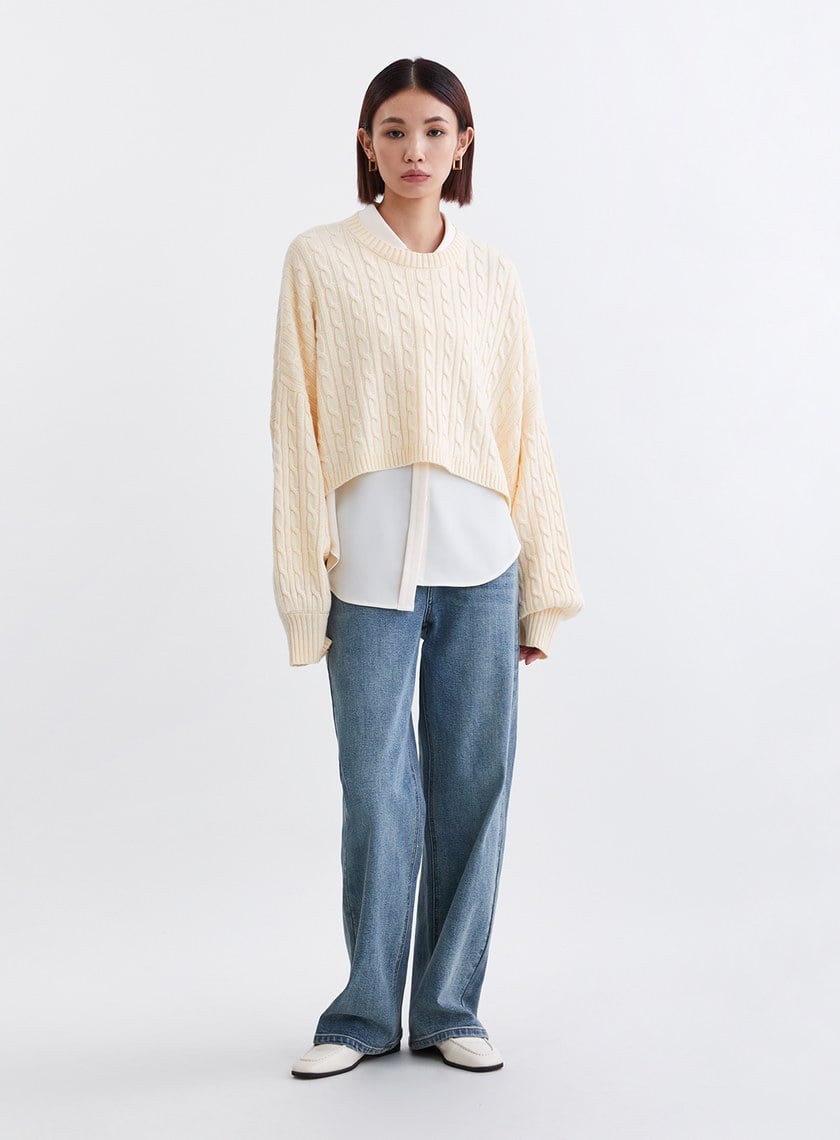 慵懶麻花織紋短版針織上衣