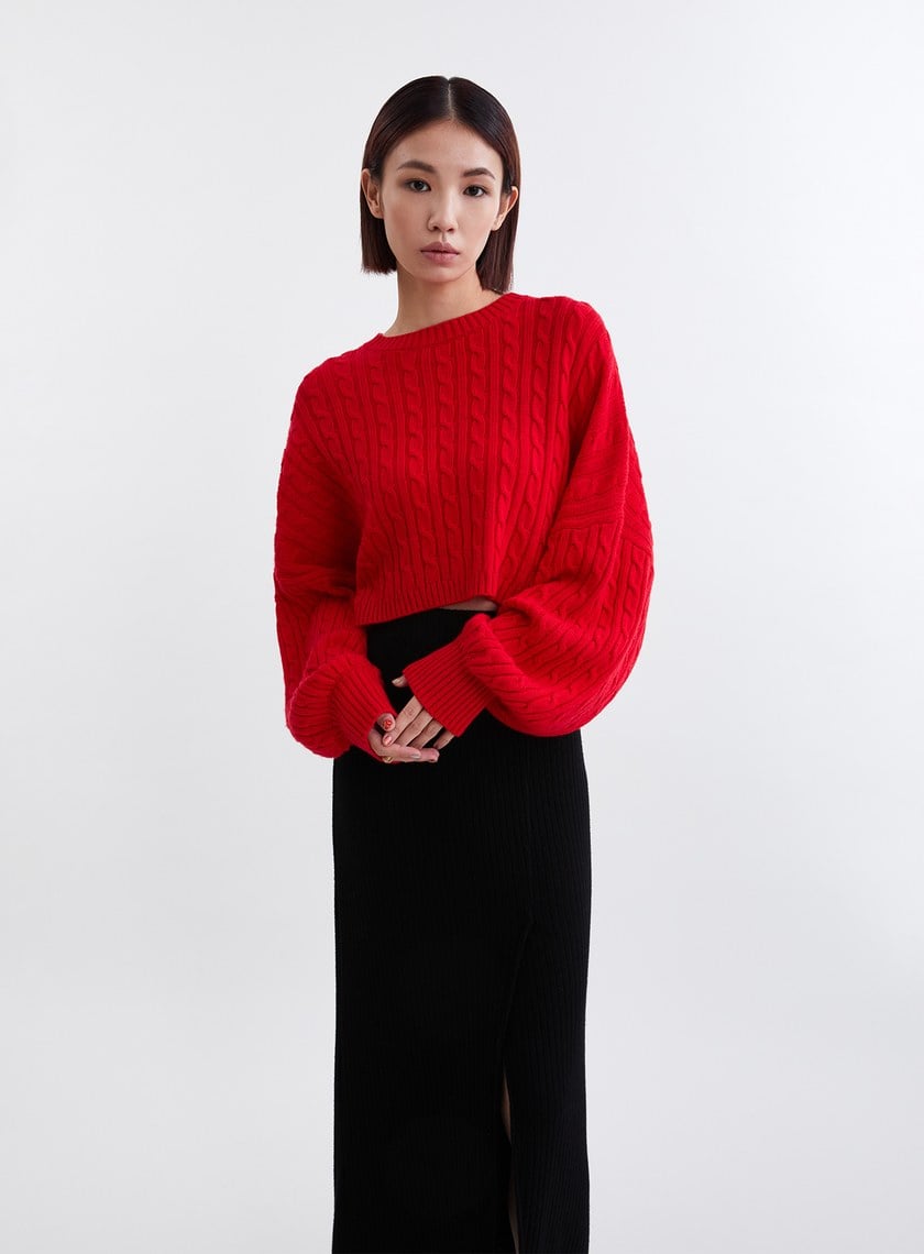 慵懶麻花織紋短版針織上衣