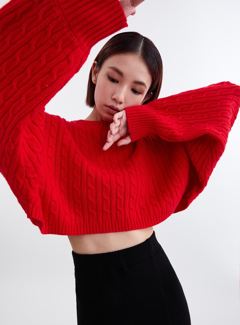 慵懶麻花織紋短版針織上衣