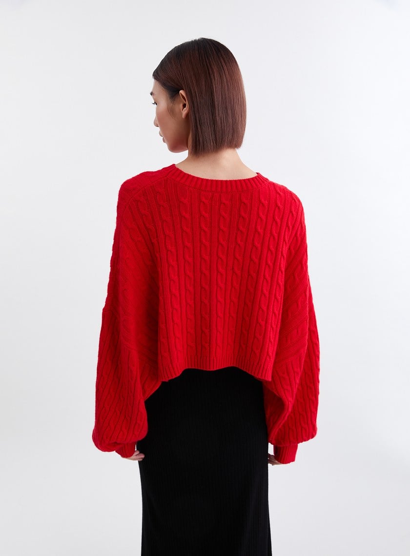 慵懶麻花織紋短版針織上衣