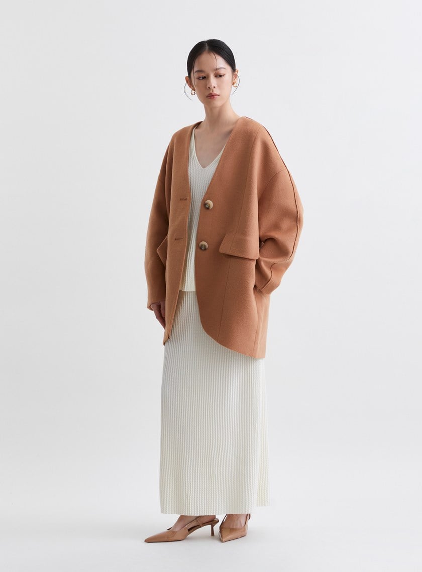 無領繭型廓形毛絨大衣