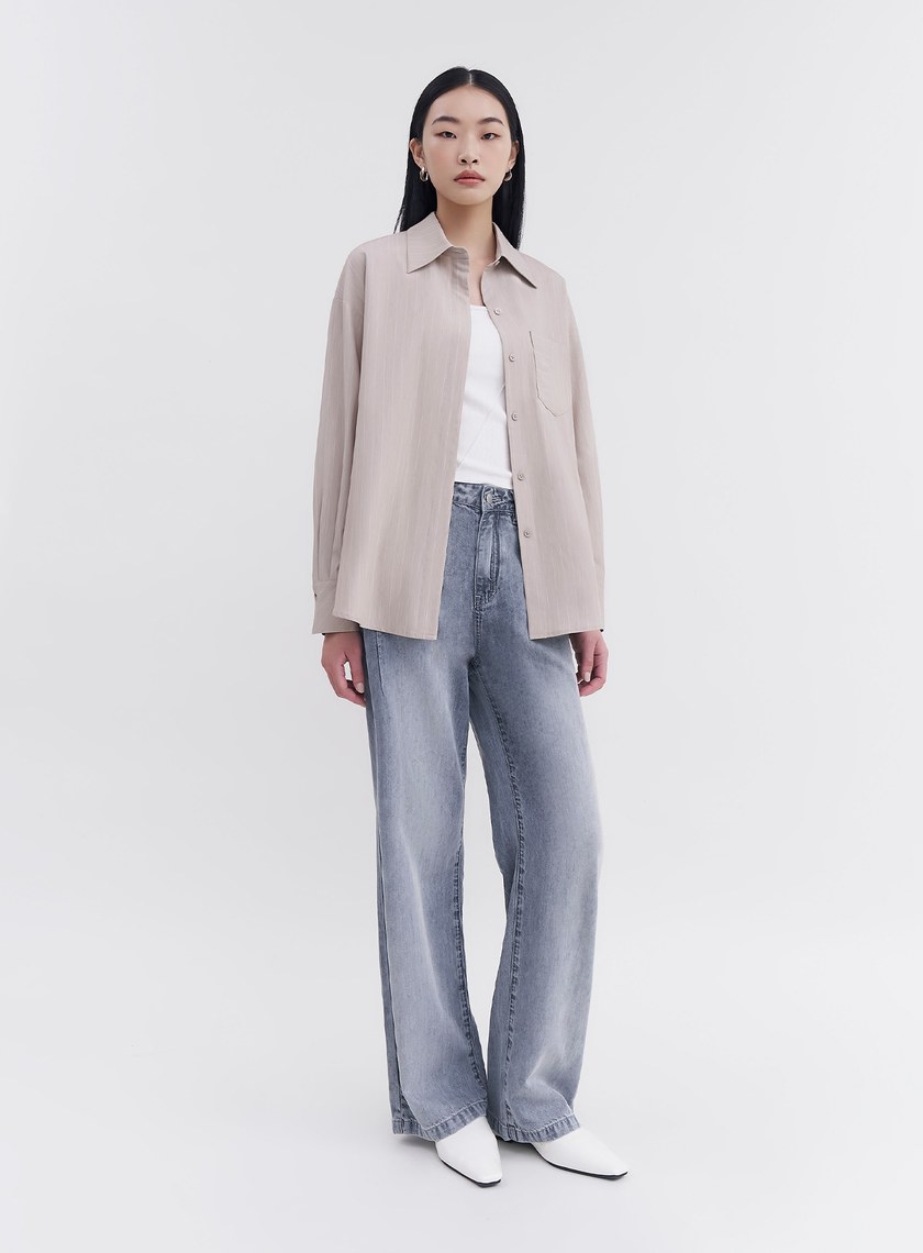 率性寬鬆條紋拼接襯衫