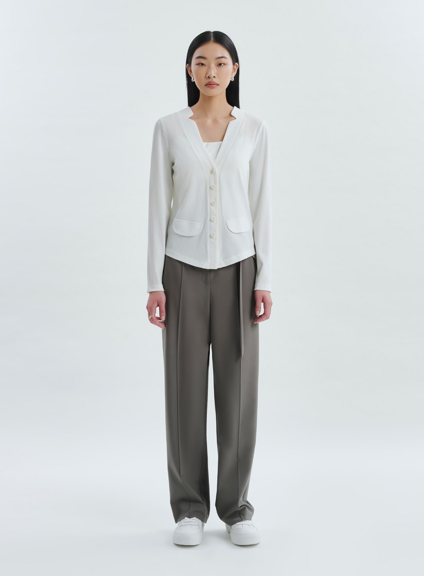 鬆弛感不對稱腰帶直筒褲