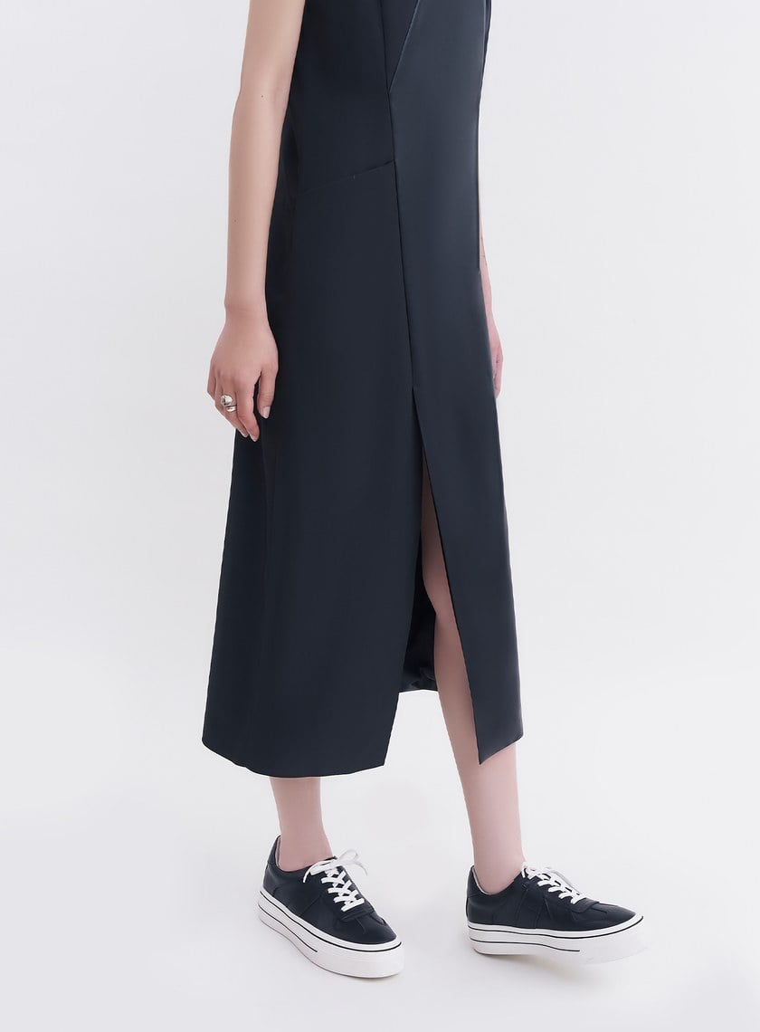 異材質拼接開衩皮洋裝