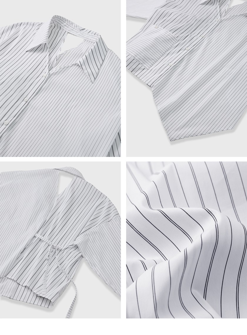 不對稱後鏤空條紋襯衫