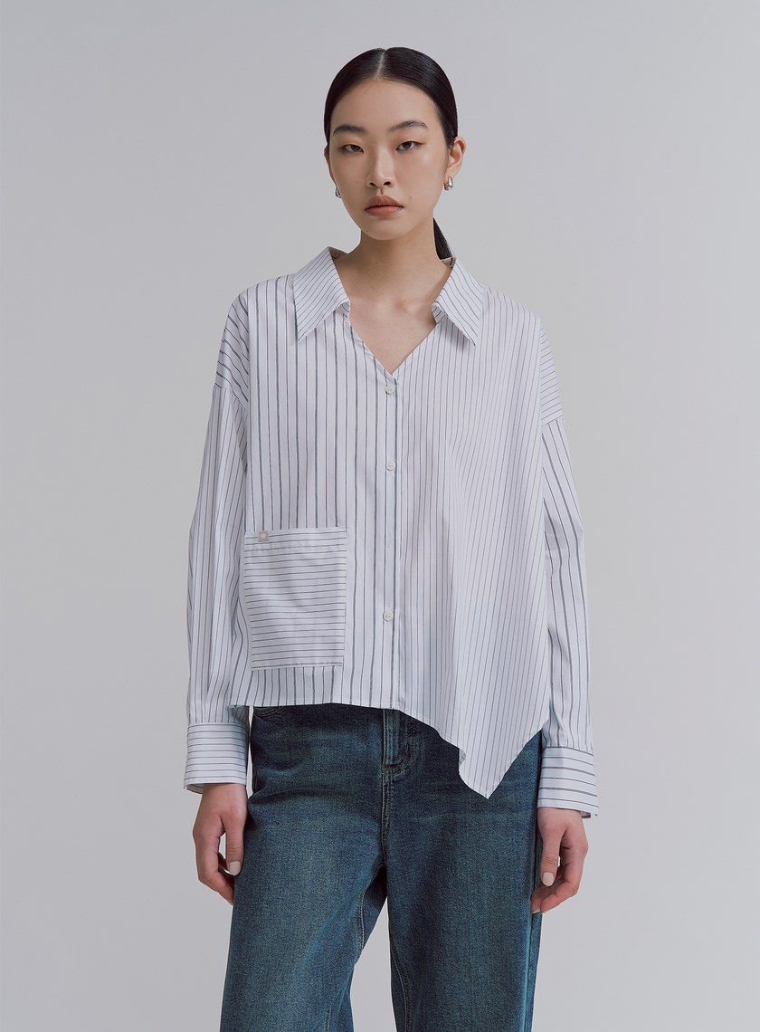 不對稱後鏤空條紋襯衫