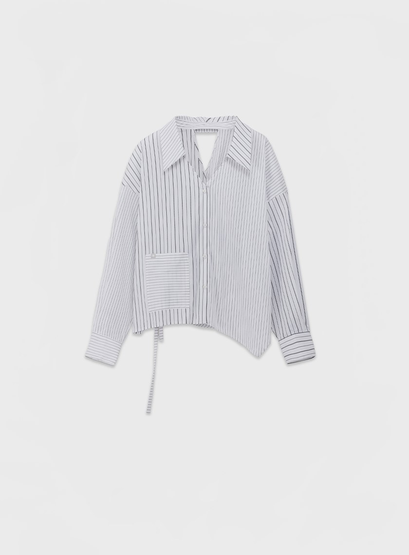 不對稱後鏤空條紋襯衫