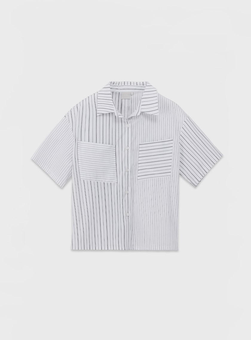 不對稱條紋拼接短袖襯衫