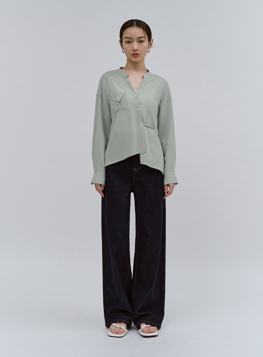 質感清爽斜門襟綁帶襯衫