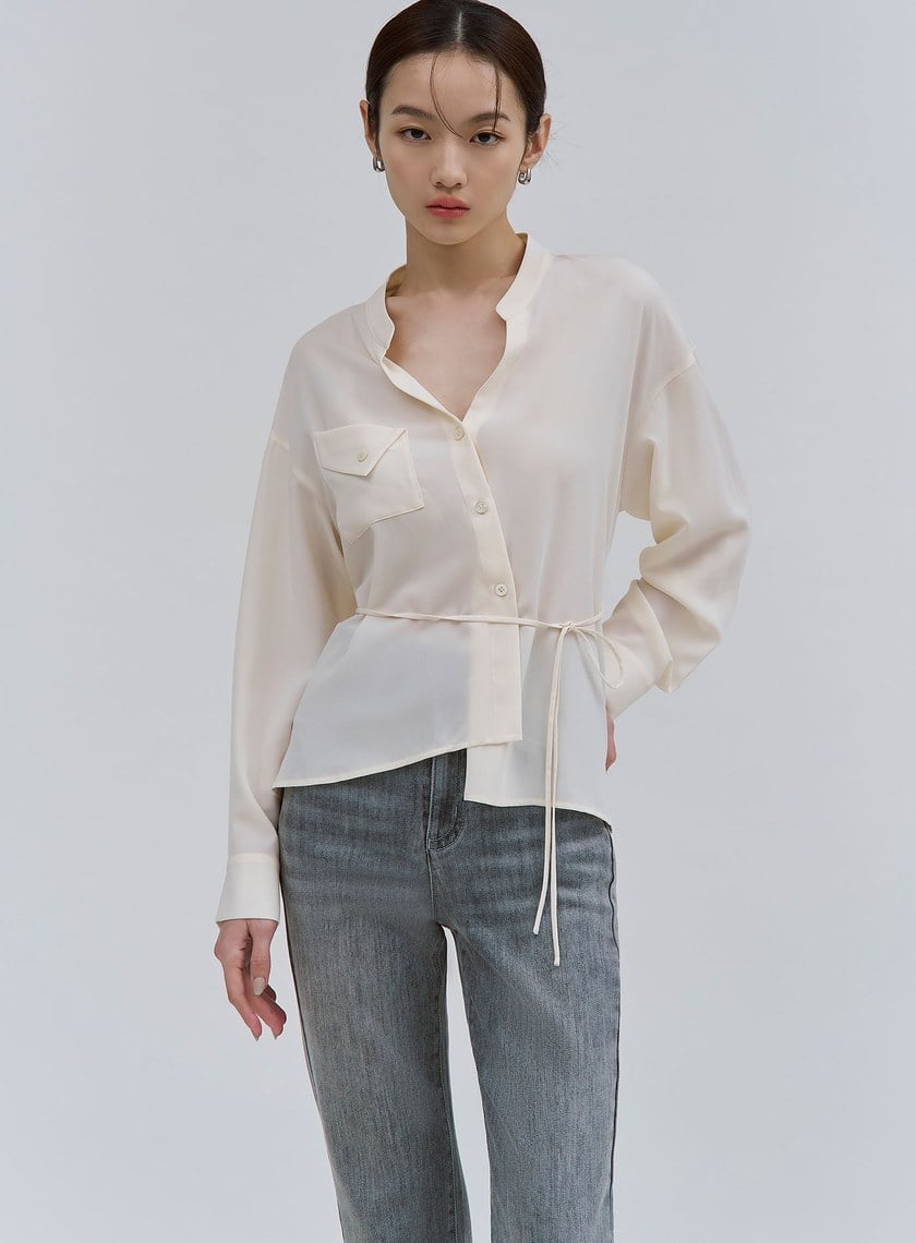 質感清爽斜門襟綁帶襯衫