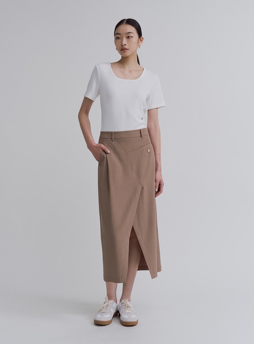 不對稱交曡開衩中長裙