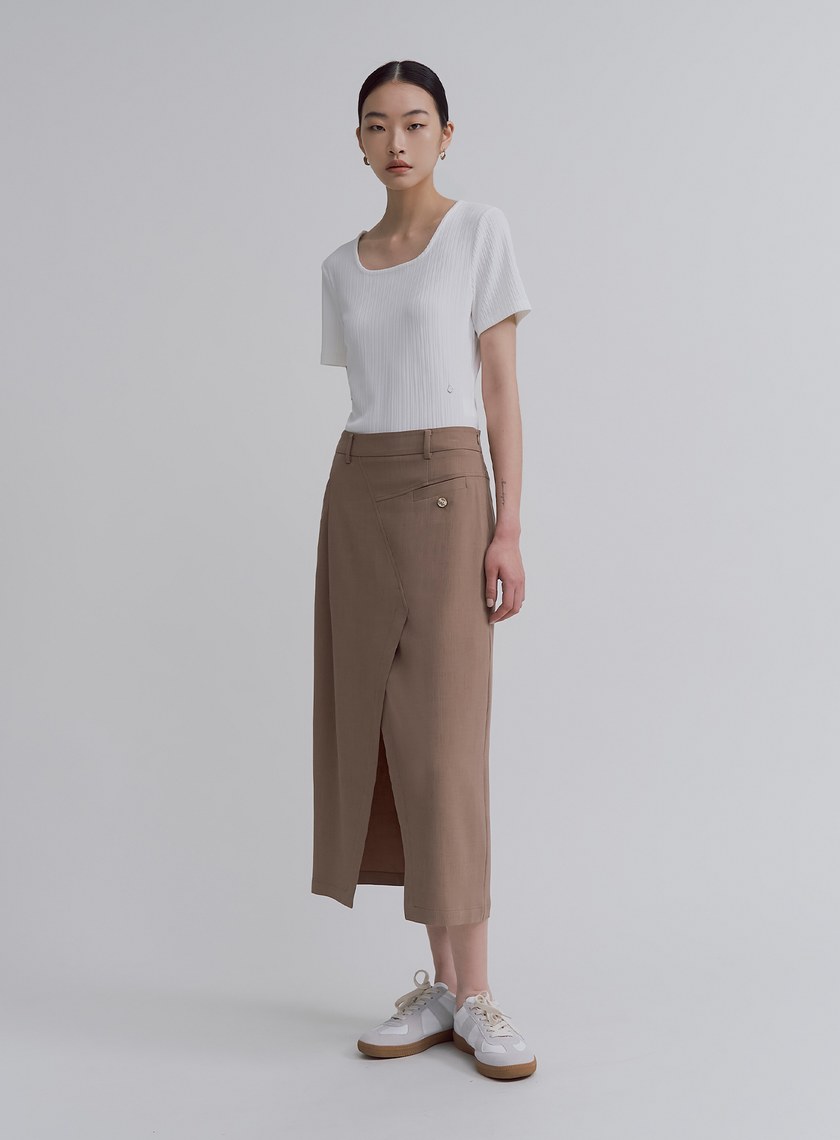 不對稱交曡開衩中長裙