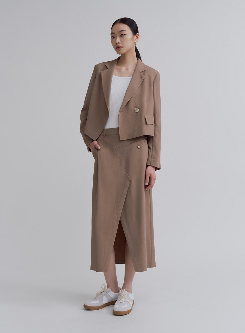 不對稱交曡開衩中長裙