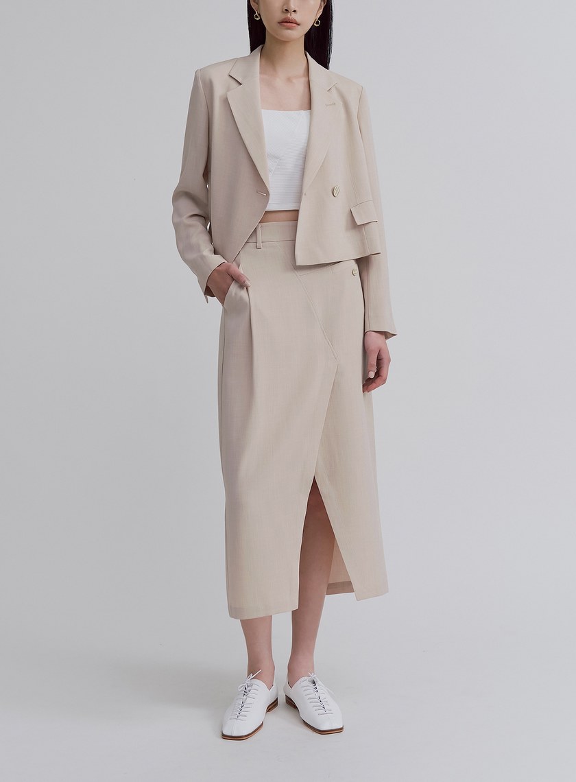 不對稱交曡開衩中長裙