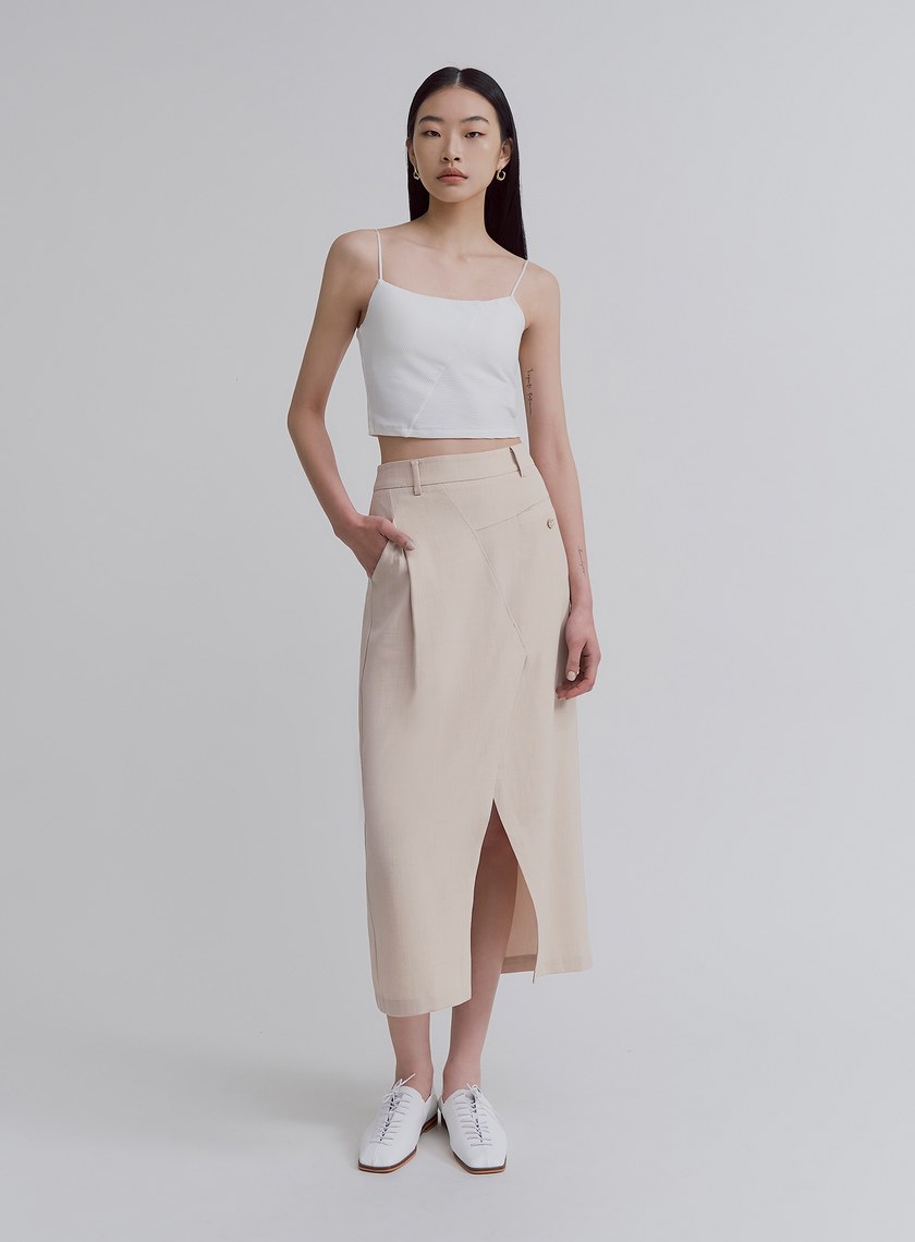 不對稱交曡開衩中長裙