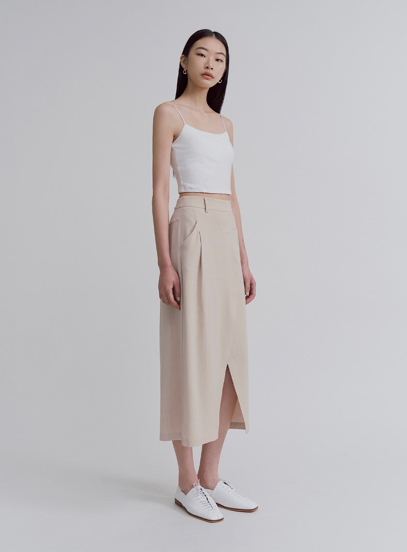 不對稱交曡開衩中長裙