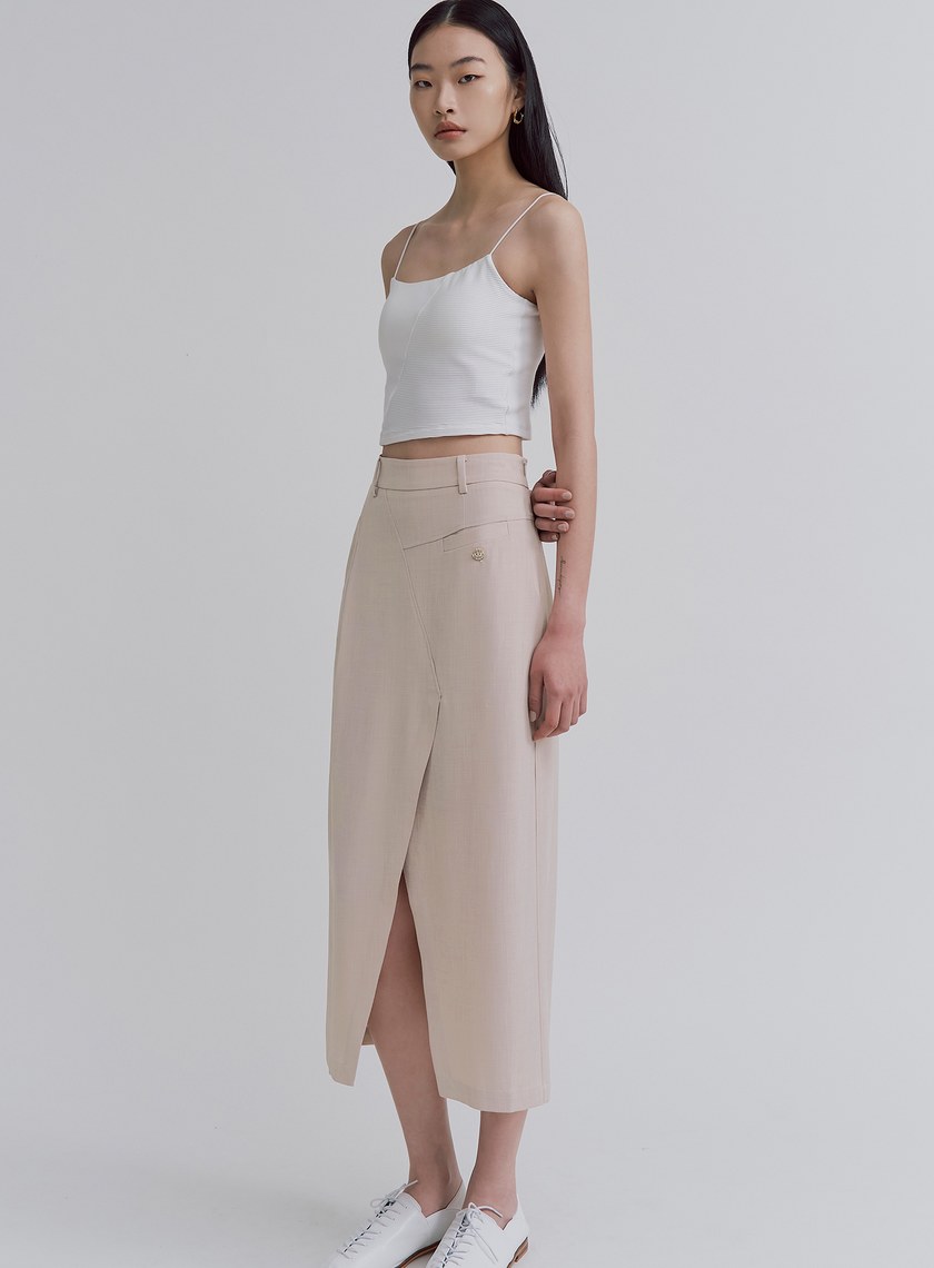 不對稱交曡開衩中長裙