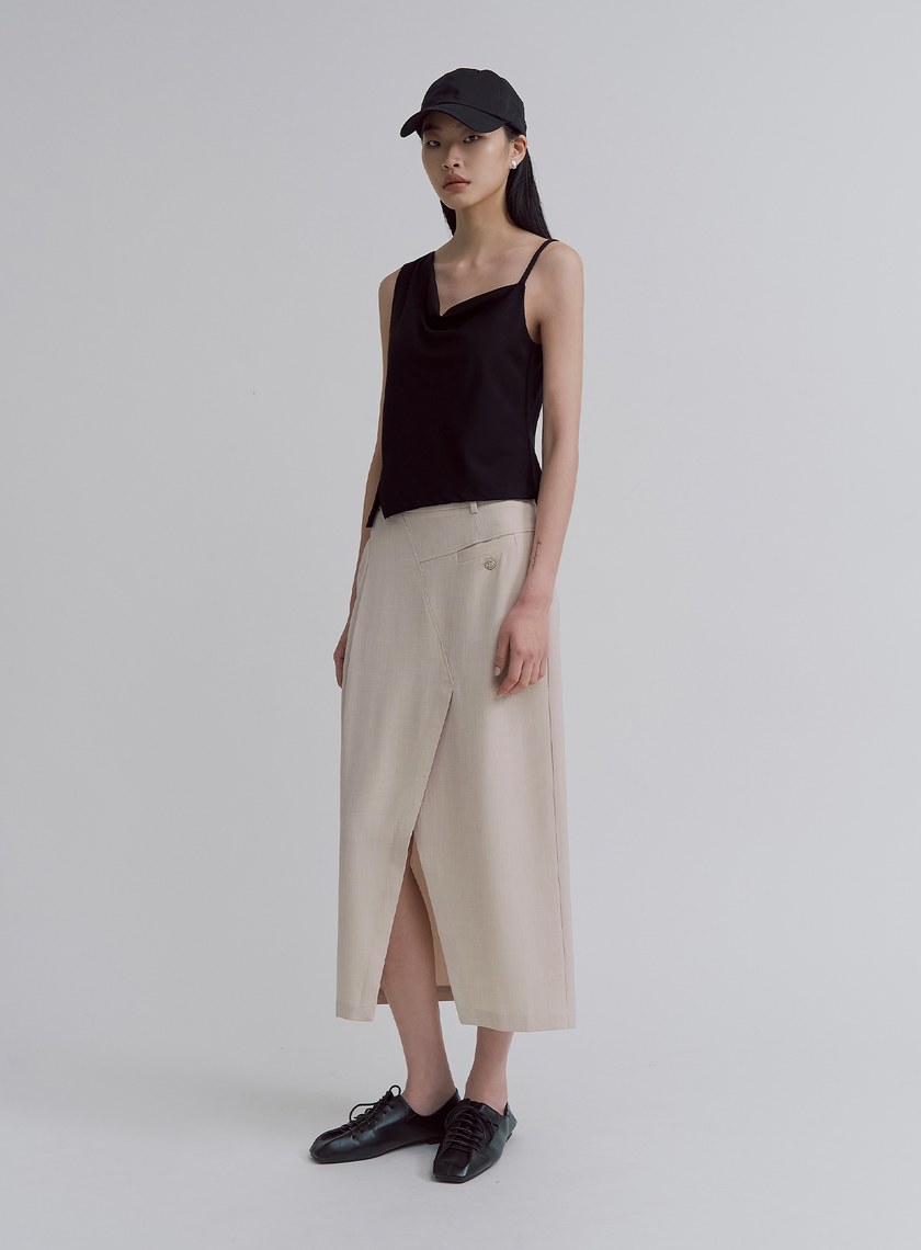 不對稱交曡開衩中長裙