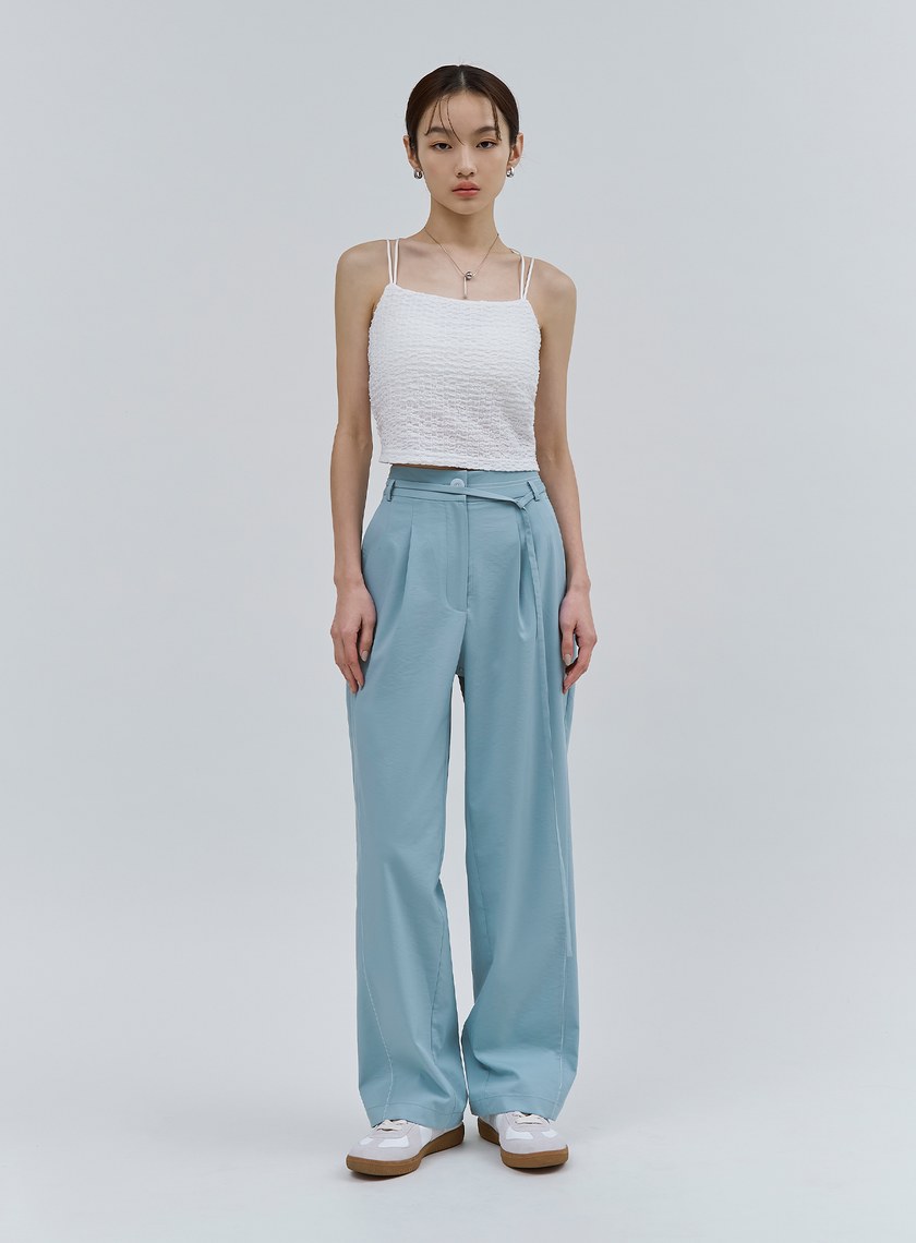 唯美湖水藍輕挺綁帶寬褲